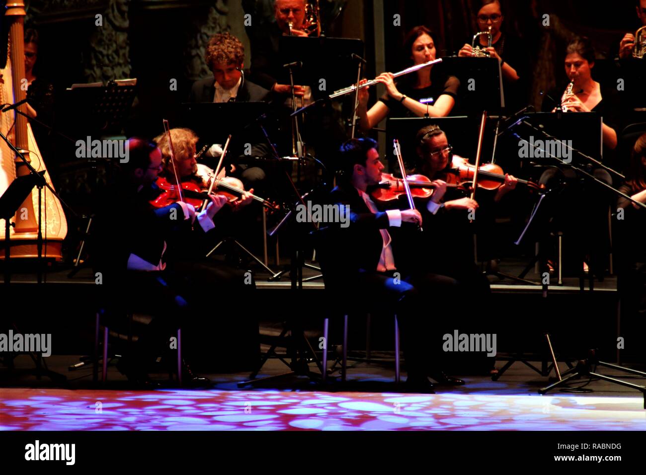 Athens, Greece. 2nd Jan, 2019. Violin players are seen performing during the event. The Franz Lehar orchestra presented the best Viennese waltzes by the Vienna Opera's soloists and dancers in Athens Credit: Helen Paroglou/SOPA Images/ZUMA Wire/Alamy Live News Stock Photo