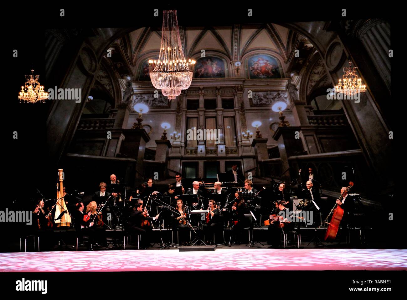 Athens, Greece. 2nd Jan, 2019. Violin players are seen performing during the event. The Franz Lehar orchestra presented the best Viennese waltzes by the Vienna Opera's soloists and dancers in Athens Credit: Helen Paroglou/SOPA Images/ZUMA Wire/Alamy Live News Stock Photo