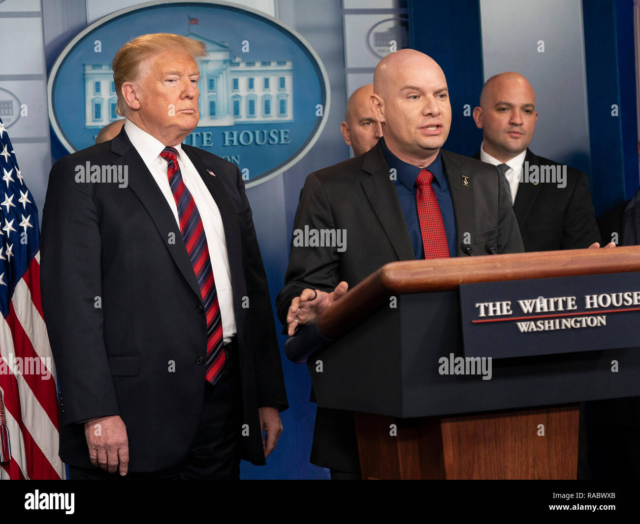Washington, United States Of America. 03rd Jan, 2019. United States President Donald J. Trump listens to Arturo Del Cueto, National Spokesperson, National Border Patrol Council speak about border security in the White House briefing room in Washington, DC, January 3, 2019. Credit: Chris Kleponis/CNP | usage worldwide Credit: dpa/Alamy Live News Stock Photo
