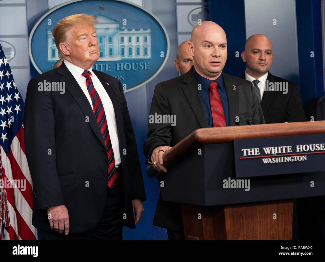 Washington, United States Of America. 03rd Jan, 2019. United States President Donald J. Trump listens to Arturo Del Cueto, National Spokesperson, National Border Patrol Council speak about border security in the White House briefing room in Washington, DC, January 3, 2019. Credit: Chris Kleponis/CNP | usage worldwide Credit: dpa/Alamy Live News Stock Photo