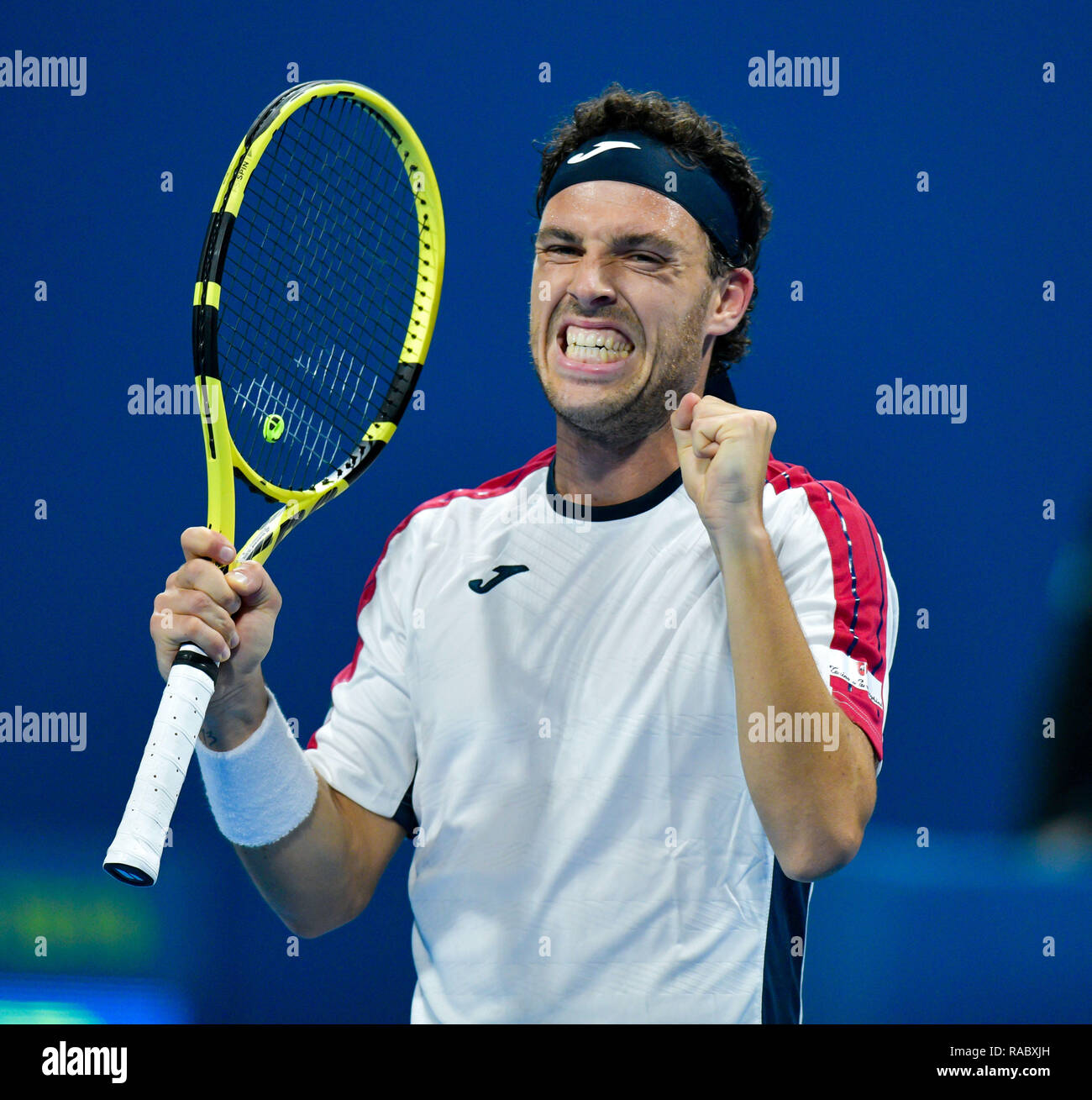 Doha, Qatar. 3rd Jan, 2019. Marco Cecchinato of Italy celebrates after the  singles quarterfinal match against Dusan Lajovic of Serbia at the ATP Qatar  Open tennis tournament in Doha, capital of Qatar,