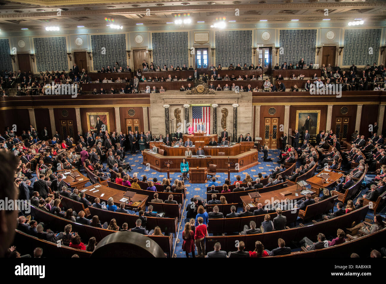 Washington DC, USA. 3rd January, 2019. Nancy Pelosi,D-CA becomes the new Speaker  of the House as the 116th Congress convenes.  Pelosi, the first woman to be elected the Speaker holds the office again, the first time in 12 years that the Democrats hold this power. Credit: Patsy Lynch/Alamy Live News Stock Photo
