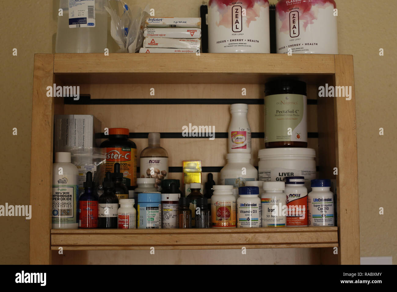 Natural supplements and prescription medicines are seen at the home of Vicenta Fernandez, who is battling cancer, at her home in Rancho Viejo, Texas on January 13, 2018. Victor Valencia does not have legal status in the U.S. and is unable to travel beyond checkpoints to accompany his wife, Vicenta Fernandez, for her cancer treatments. 13th Jan, 2018. Credit: David Ryder/ZUMA Wire/Alamy Live News Stock Photo