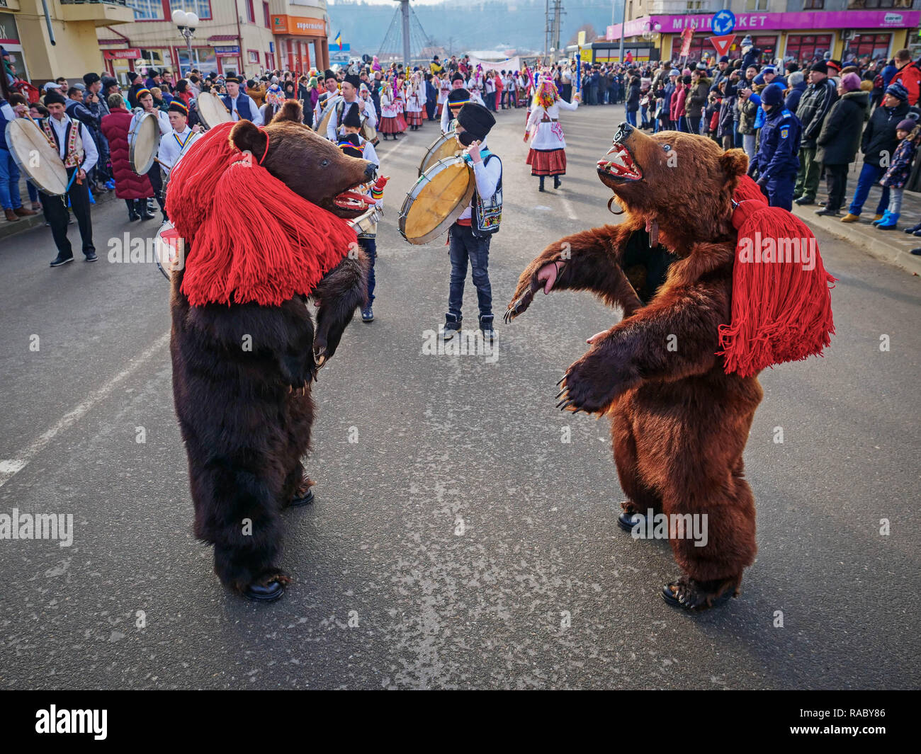 People seen dressed in bear skins dancing during the event. At the end of the year and the New Year ís Day, people in Trotus Valley in Romania dress into bear skins and dance to chase everything bad and bring happiness and blessing to the village people. In the past, Roma people were raising wild bears and performed with them to earn money. People believed that bears can heal illnesses and bring strength to them. After keeping bears was forbidden, people started to dance in bear skins to keep the New Year tradition. The price of a skin can be as high as 3000 euro. Stock Photo