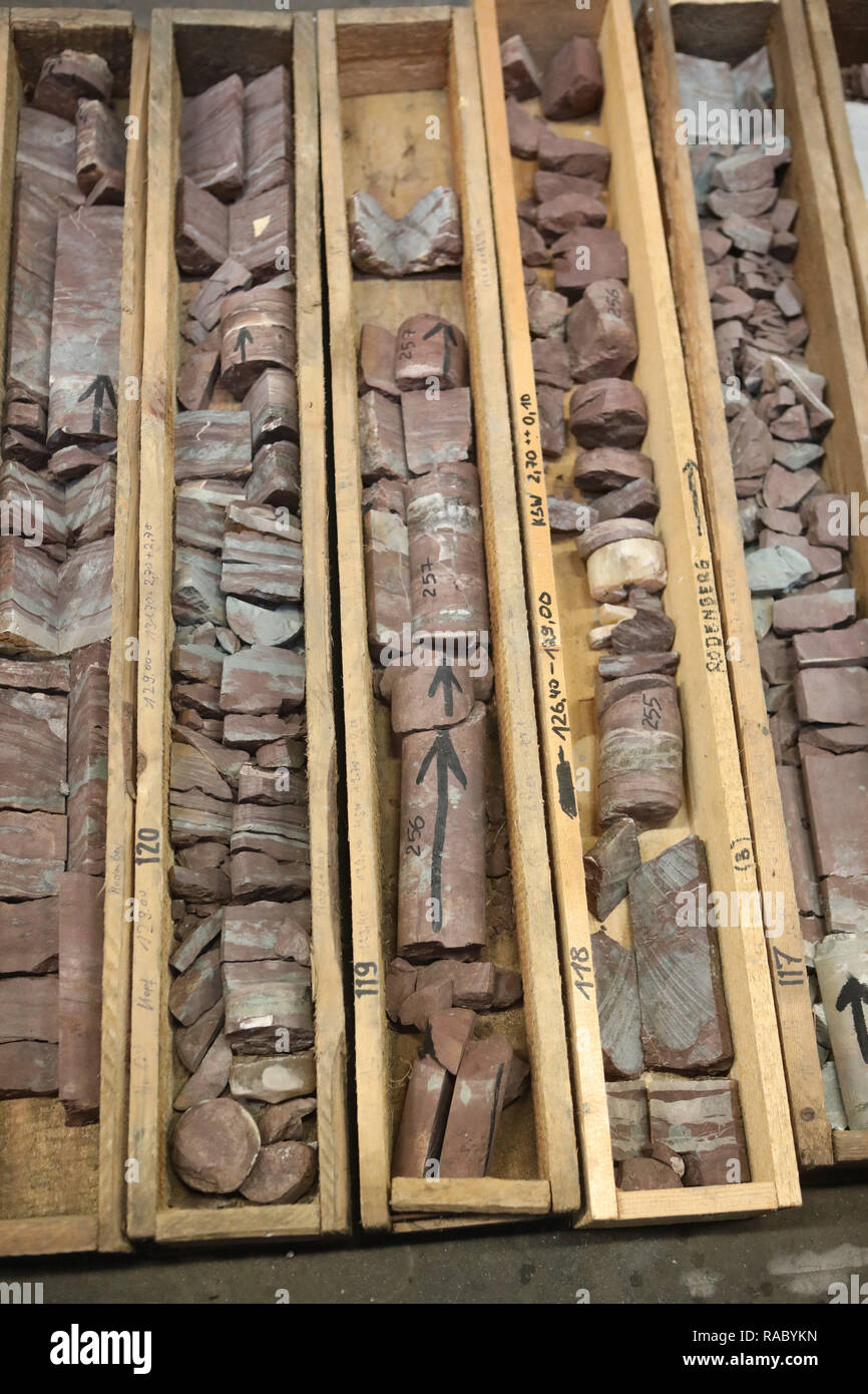 06 December 2018, Thuringia, Harth-Pölnitz: Drill cores from the Ballstadt  potash region from 1963 lie in wooden boxes. The Geological Sample Archive  Thuringia is one of the largest core repositories in Germany.