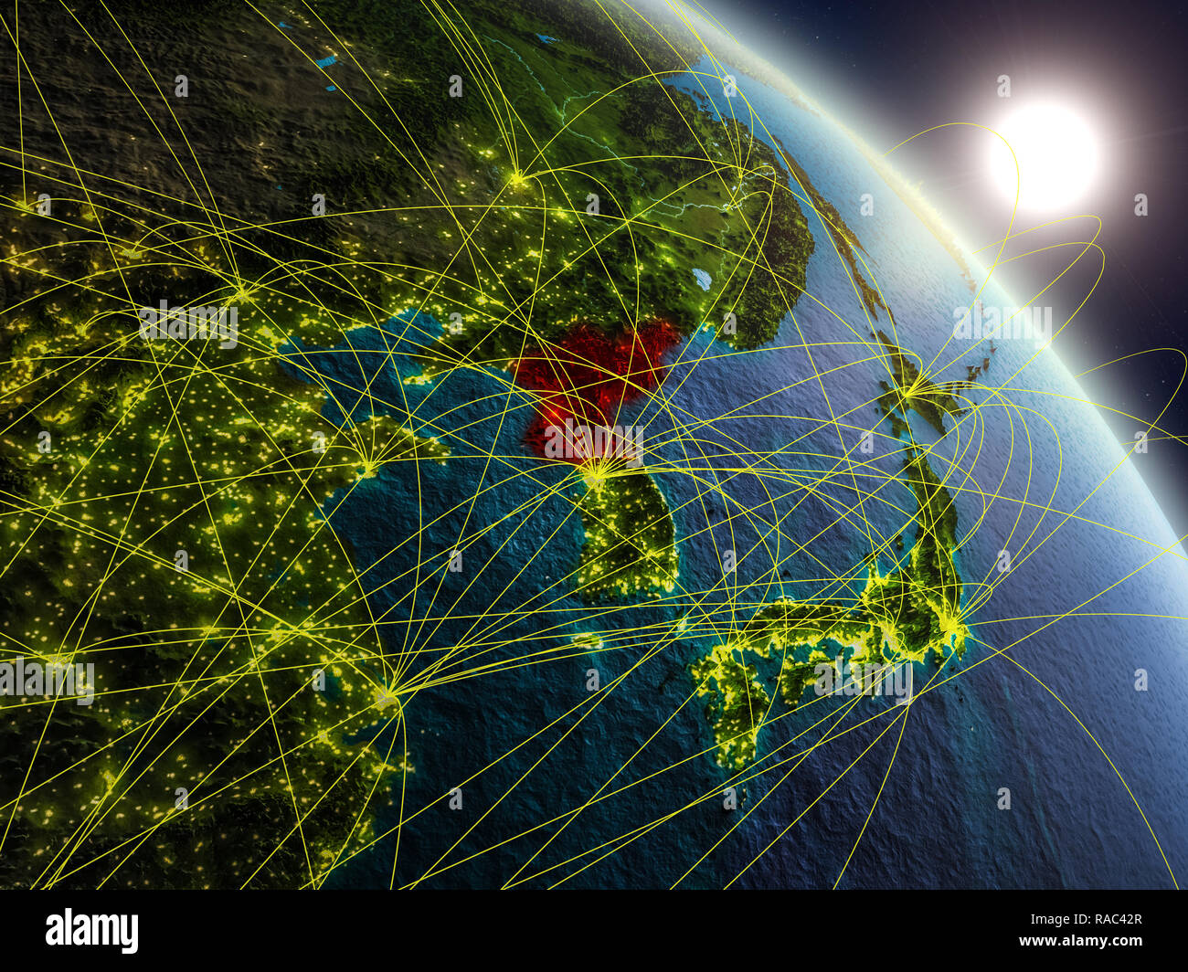 North Korea from space on realistic model of planet Earth with network ...