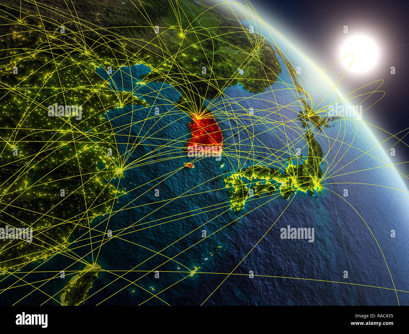 South Korea from space on realistic model of planet Earth with network ...