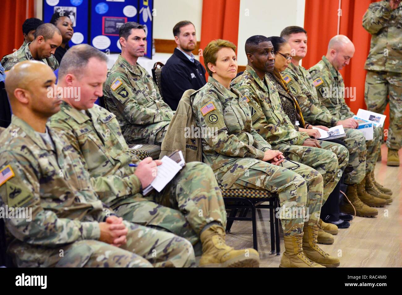 U.S. Army Soldiers and Vicenza Community members, attend the Martin Luther King, Jr. Day observances, at Vicenza Military Community’s 2017 Observance Ceremony at Caserma Ederle, Vicenza, Italy, Jan. 10, 2017. Stock Photo