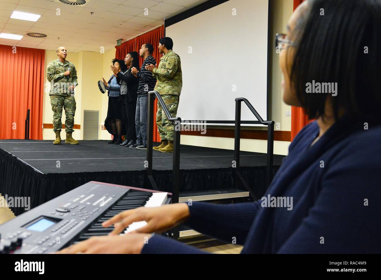 Gospel Service Choir of the Vicenza community, performs during Martin Luther King, Jr. Day observances, at Vicenza Military Community’s 2017 Observance Ceremony at Caserma Ederle, Vicenza, Italy, Jan. 10, 2017. Stock Photo