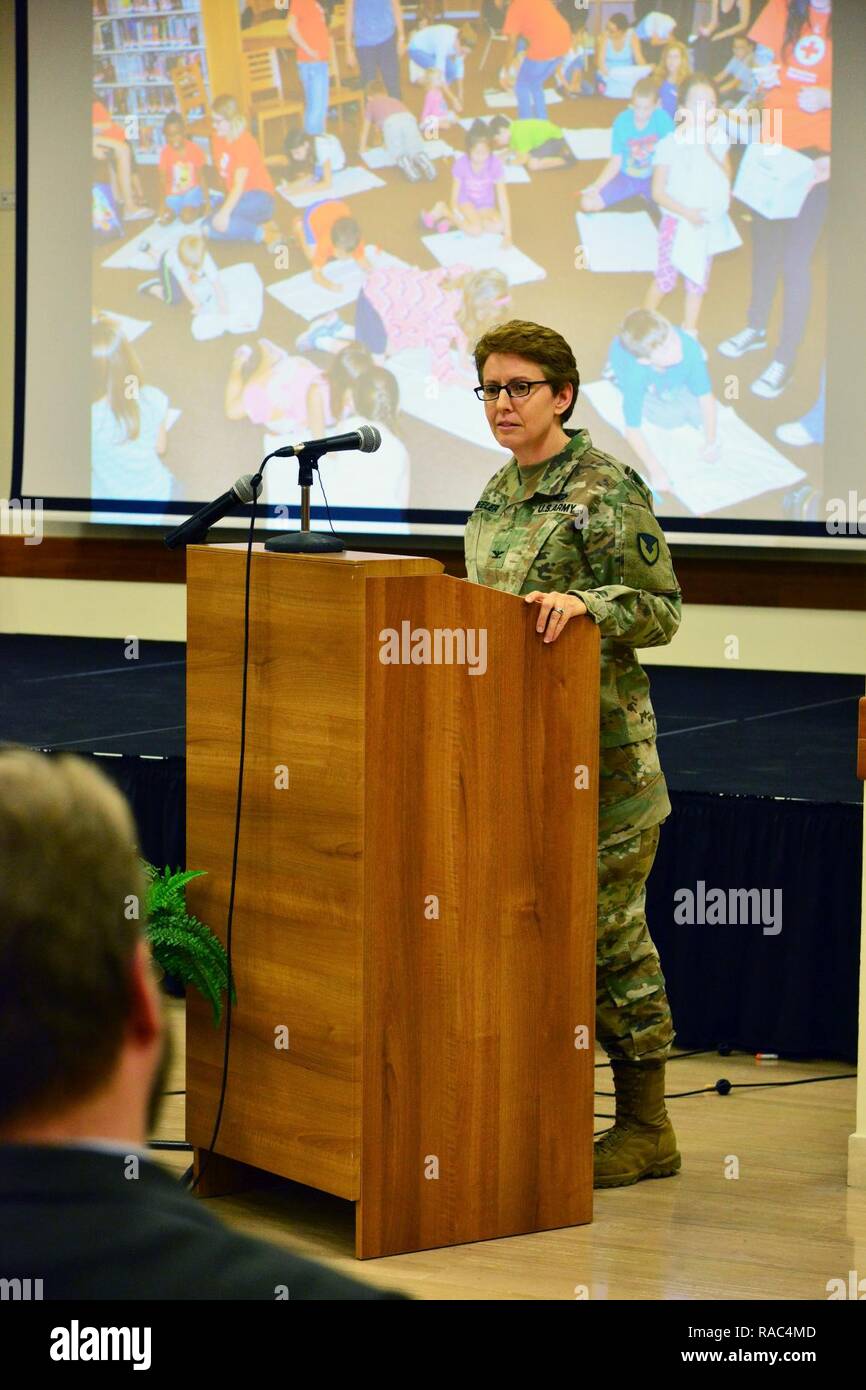 Colonel Christine A. Beeler, commander of the 414th Contracting Support Brigade, addresses the audience during Martin Luther King, Jr. Day observances at Vicenza Military Community’s 2017 Observance Ceremony at Caserma Ederle, Vicenza, Italy, Jan. 10, 2017. Stock Photo