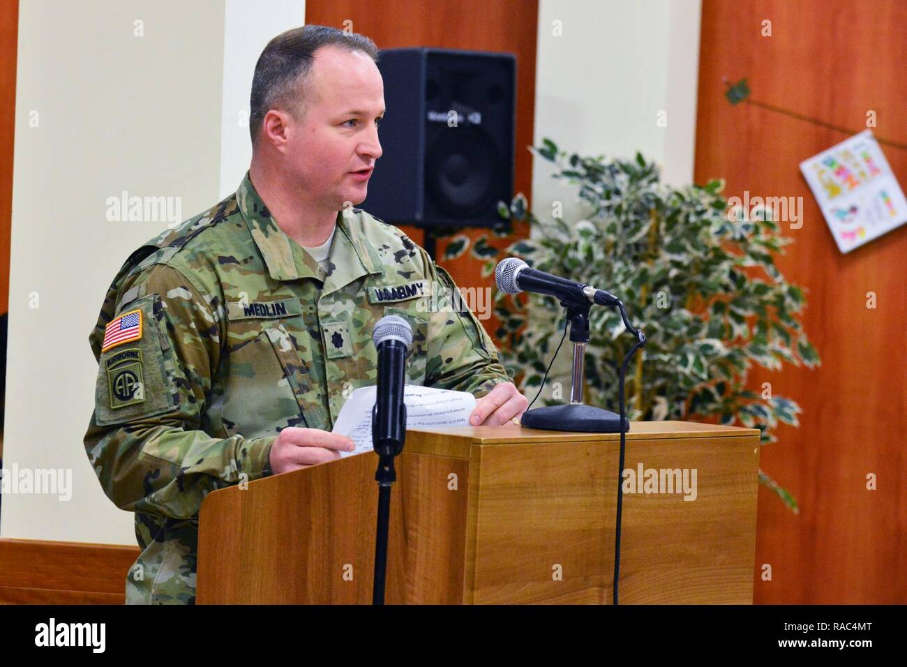 Lt. Col. Brett M. Medlin, Battalion Commander U.S. Army Africa, addresses the audience during Martin Luther King, Jr. Day observances, at Vicenza Military Community’s 2017 Observance Ceremony at Caserma Ederle, Vicenza, Italy, Jan. 10, 2017. Stock Photo