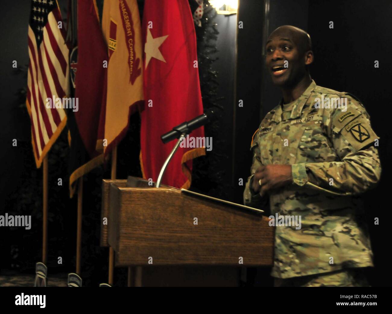 Brig. Gen. Xavier Brunson, 10th Mountain Division (LI) Deputy Commanding General, addresses approximately 200 Soldiers and members of the Fort Drum community at an observance honoring Dr. Martin Luther King Jr. at the Commons on January 11, 2017. Brunson highlighted King's message and achievements, urging Soldiers and the community to continue his work. Stock Photo