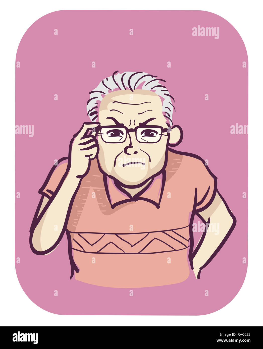Illustration of a Senior Man Holding His Eyeglasses and Squinting to