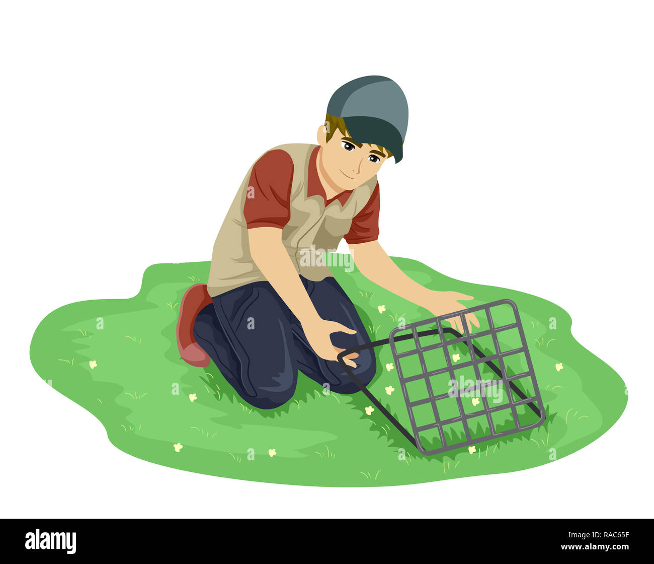 Illustration of a Teenage Guy Botanist Outdoors Collecting Samples Using the Quadrant Method Stock Photo