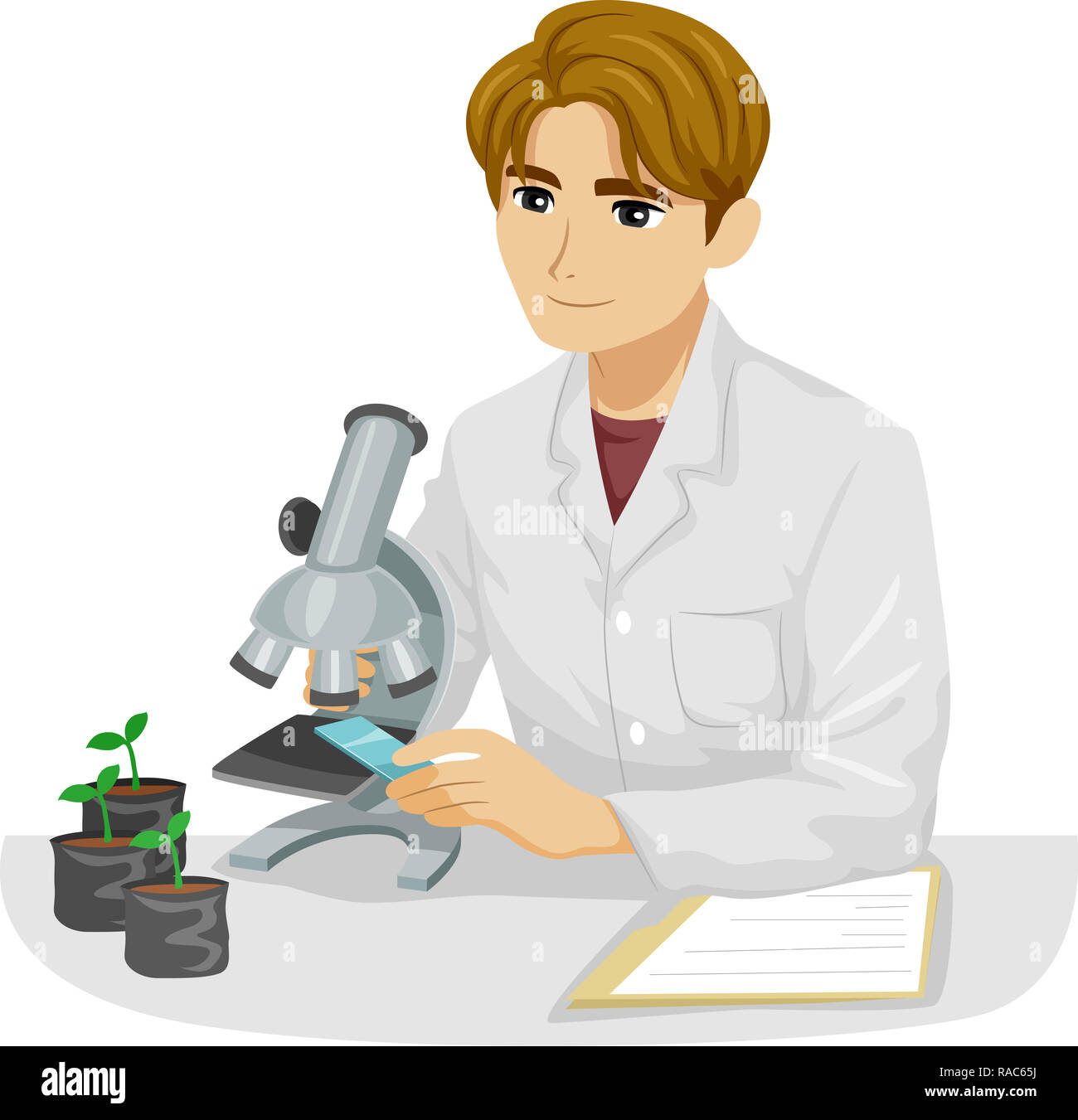 Illustration of a Teen Guy Botanist Looking at a Plant Specimen Under a