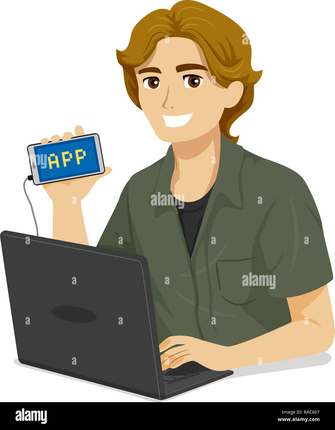 Illustration of a Teenage Guy Showing His Mobile App He Programmed on His Laptop Stock Photo