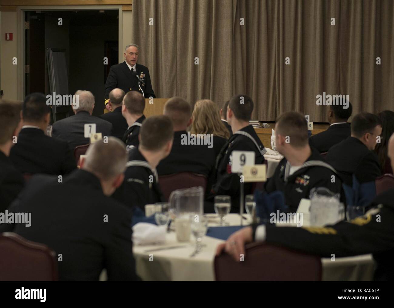BANGOR, Wash. (Jan. 17, 2017) Rear Adm. John Tammen, commander, Submarine Group (COMSUBGRU) 9, gives remarks during the 2016 COMSUBGRU-9 Sailor of the Year luncheon.  The Sailor of the Year program began in 1972 by former Chief of Naval Operations Adm. Elmo Zumwalt to recognize outstanding Sailors around the fleet. Stock Photo