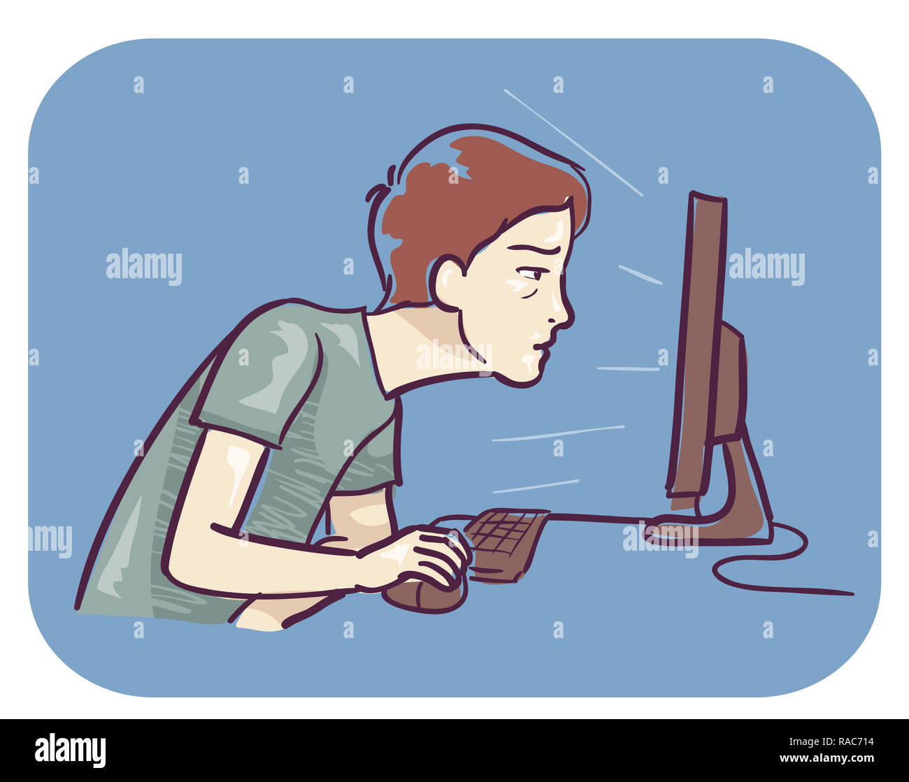 Illustration of a Teenage Guy Using a Computer, Reading the Text in the Monitor Really Close Stock Photo