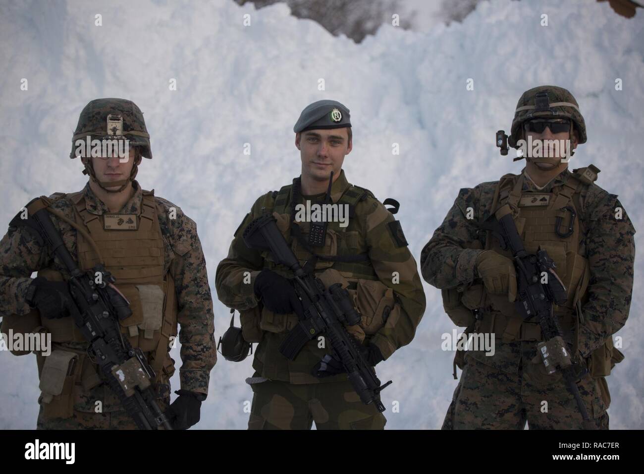 U.S. Marine Corporal Jacob Thomas and Cpl. Eduardo Duranespino stand alongside a Norwegian Army guard at Vaernes Garnison, Norway, Jan. 16, 2017. The Marines with Black Sea Rotational Force 17.1 arrived at Vaernes Garnison early in the morning as part of Marine Rotational Force Europe 17.1. Stock Photo