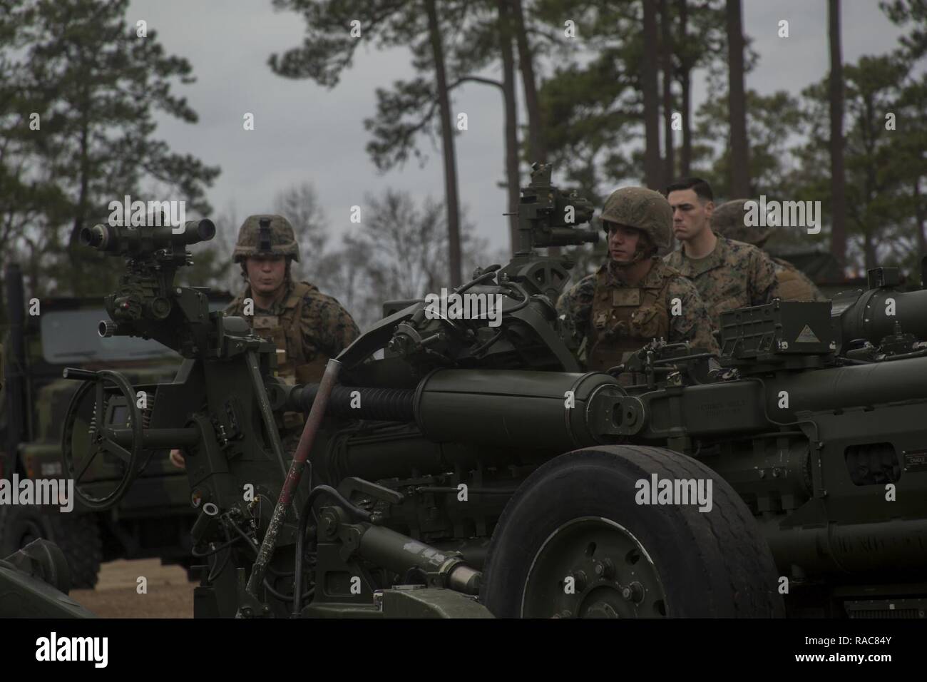 Marines with the Artillery Training School set up an M777A2 towed 155mm howitzer at Camp Lejeune, N.C., Jan. 18, 2017. The howitzer weighs approximately 9,800 pounds and is capable of firing 155mm rounds, which can destroy large enemy targets or illuminate the battlefield to provide support for infantry units. Stock Photo