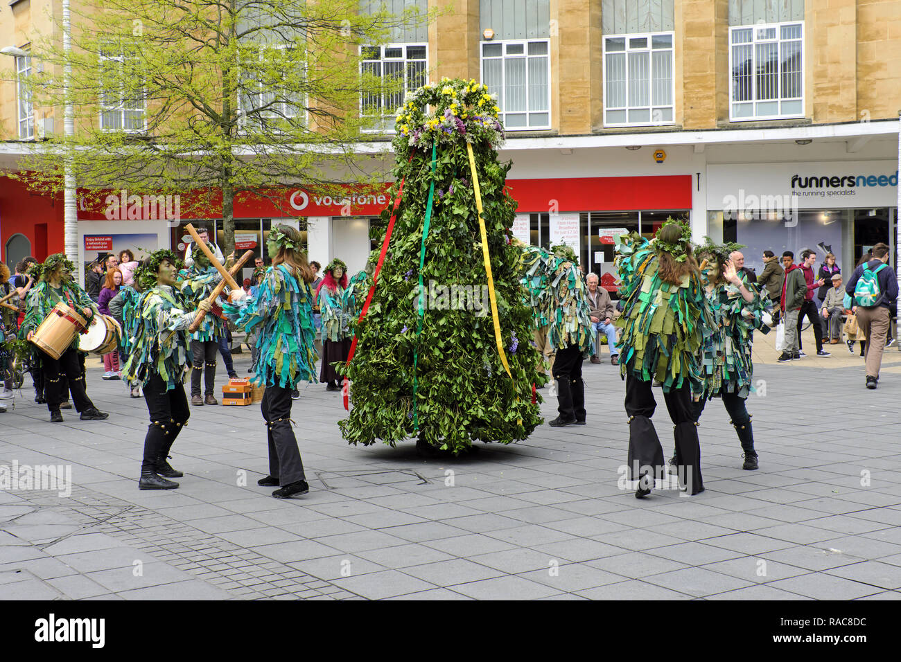 Jack in the Green and his attendants parade through the streets of Bristol, UK to celebrate May Day on 7 May 2016. Stock Photo