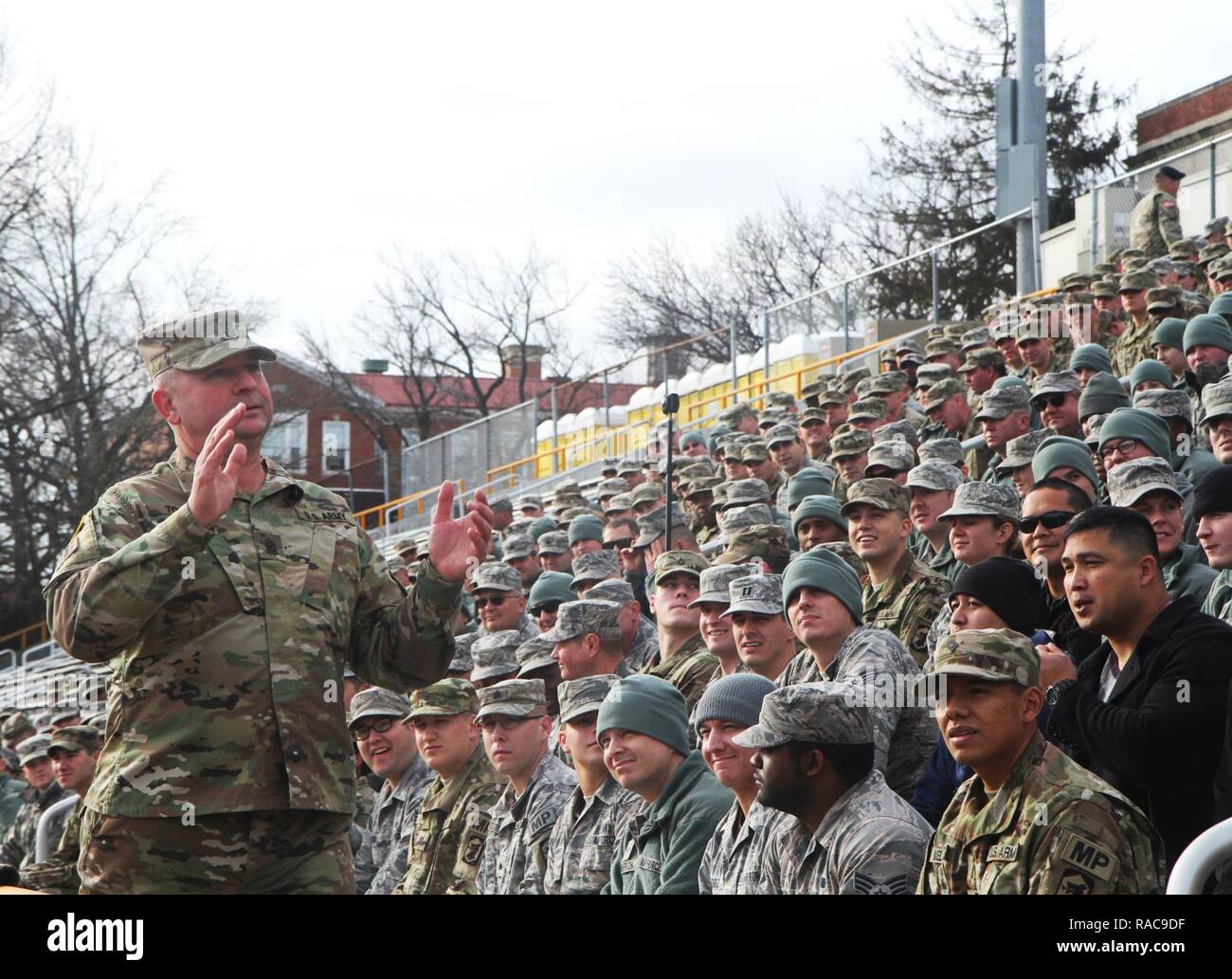Command Sgt. Maj. Jeffrey Topping, Task Force Crowd Command Sgt. Maj. instructs guardsmen being sworn in as  D.C. Special Police for Presidential Inauguration  Jan. 19, 2017. The Florida National Guard sent approximately 340 Soldiers and Airmen to support the U.S. Park Police in Task Force Crowd. Stock Photo