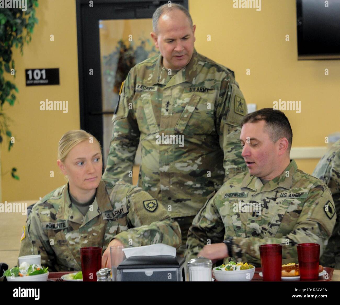 The Director of the Army National Guard, Lieutenant General Tim Kadavy visited the Soldiers at Camp McGregor, New Mexico on January 19,2017. The purpose of his visit was to see the training the National Guard hosts on the installation and to make sure that the Soldiers are ready for the deployment. LG Kadavy said he was “impressed with the operations and 1-53 Infantry Regiment looked well trained with quality leaders”. Stock Photo