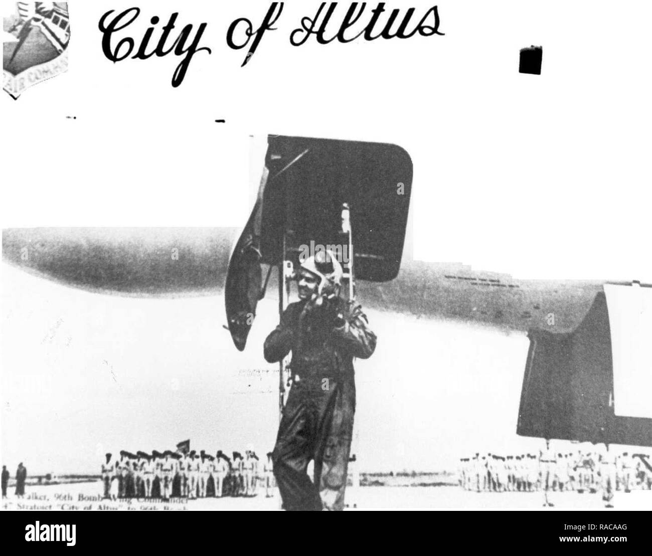 U.S. Air Force Col. Audrin R. Walker, 96th Bomb Wing commander, delivers Altus Air Force Base’s first B-47 named “City of Altus”, April 19, 1955. Altus AFB began as a twin engine training base in World War II and since then has supported many air mobility, missile, and training missions as well as routinely deployed Airmen and aircraft overseas and to humanitarian missions. Stock Photo