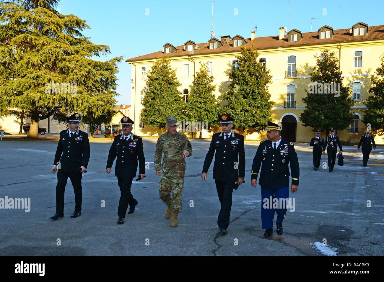 (From left), Col Pietro Carrozza, Carabinieri HQ Chief of plans and Military Police, Brig. Gen. Giovanni Pietro Barbano, Center of Excellence for Stability Police Units (CoESPU) director, Lt. Gen. Charles D. Luckey, Commanding General U.S. Army Reserve Command, Lt. Gen Vincenzo Coppola, Commanding General “Palidoro” Carabinieri Specialized and Mobile Units, U.S. Army Col. Darius S. Gallegos, CoESPU deputy director during visit at Center of Excellence for Stability Police Units (CoESPU) Vicenza, Italy, January 20, 2017. Stock Photo