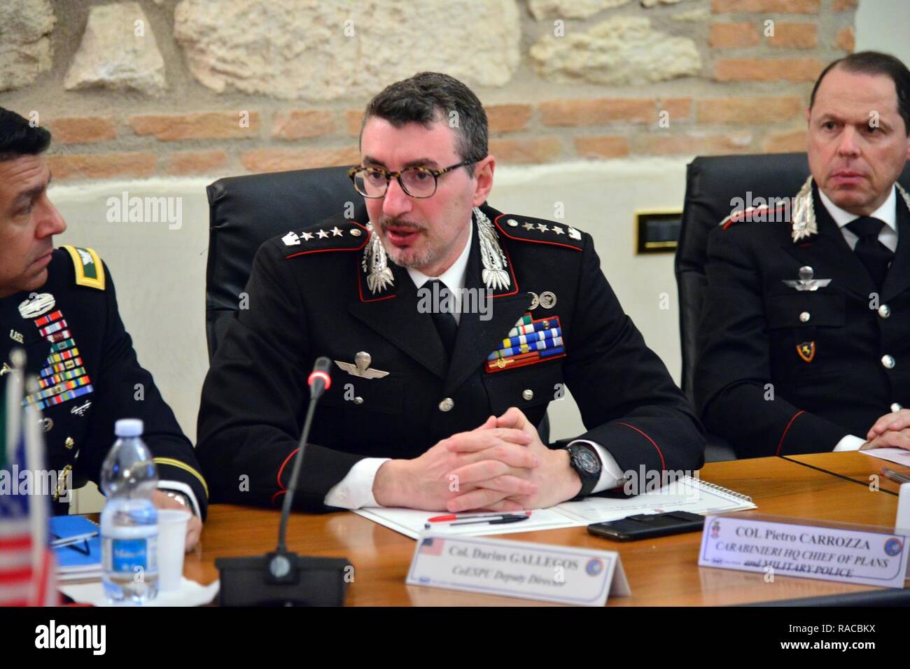 Col. Pietro Carrozza, Center of Excellence for Stability Police Units (CoESPU), Carabinieri HQ Chief of plans and Military Police, address during visit of Lt. Gen. Charles D. Luckey, Commanding General U.S. Army Reserve Command, at Center of Excellence for Stability Police Units (CoESPU) Vicenza, Italy, Jan. 20, 2017. Stock Photo