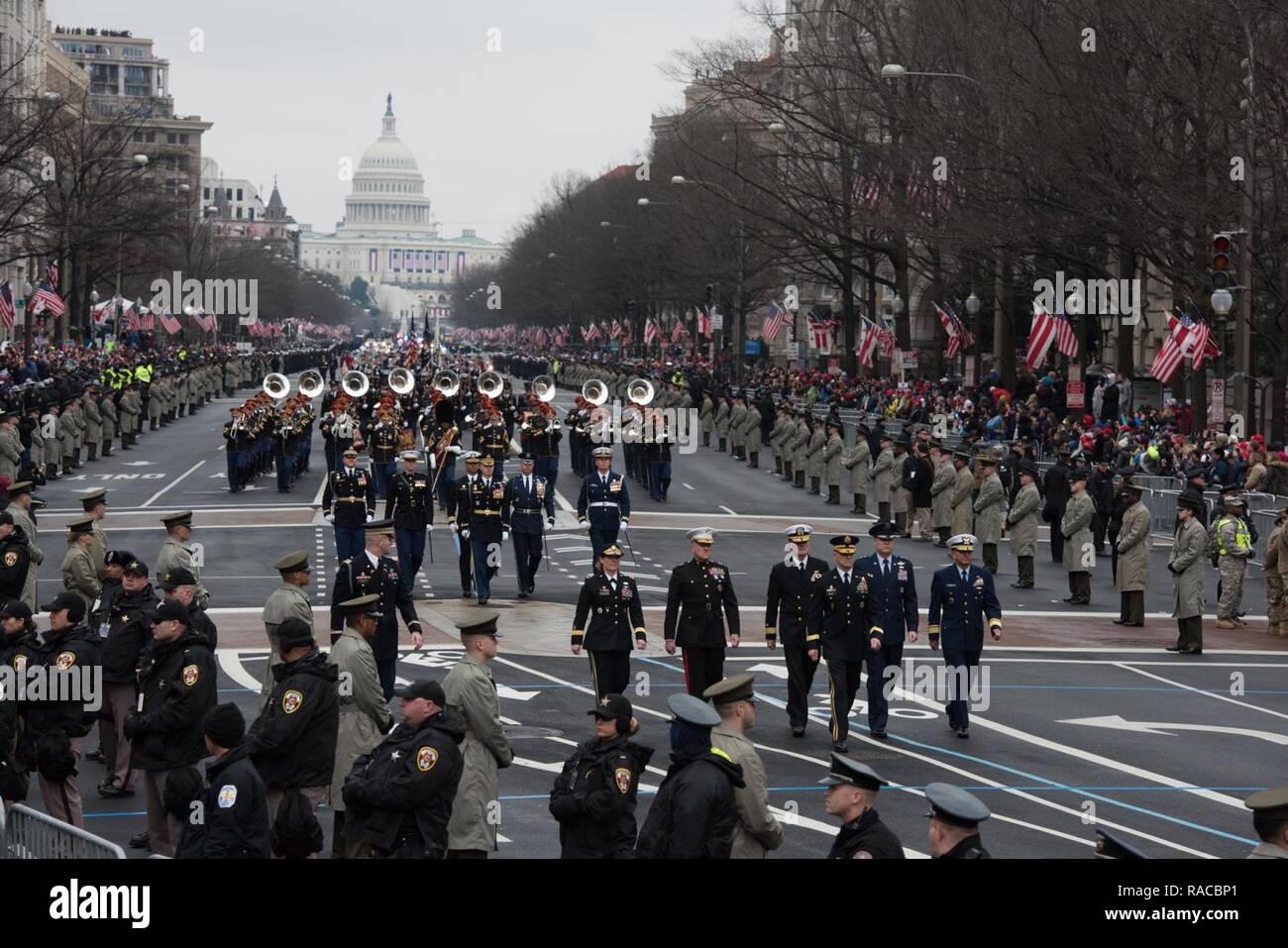 U.S. Servicemembers march down Pennsylvania Avenue during the Presidential Inaugural Parade in Washington D.C., January 20, 2017. The Parade was held to celebrate the inauguration of President Donald Trump. Stock Photo
