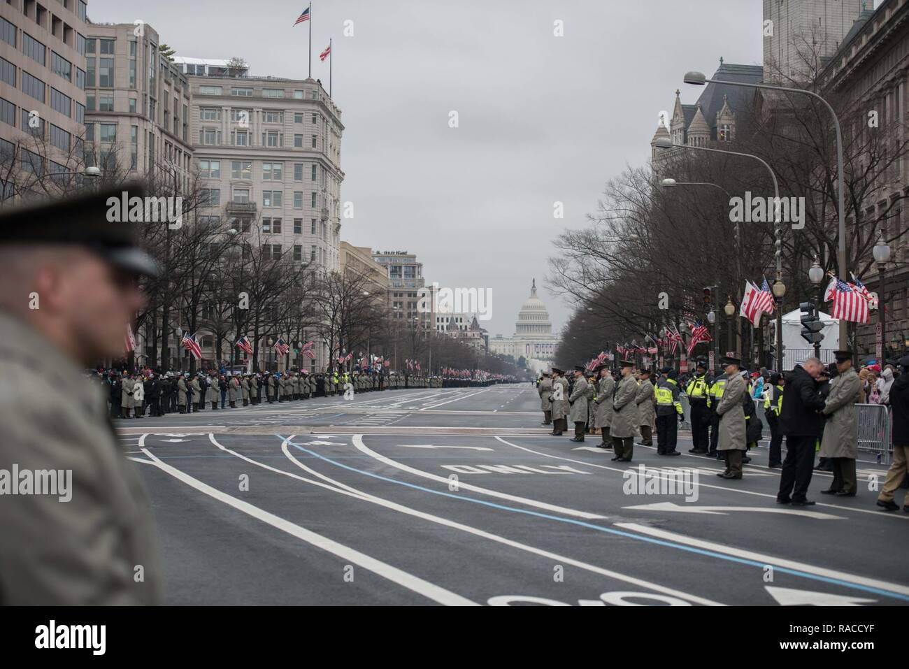 Soldiers from 3d U.S. Infantry Regiment (The Old Guard) and servicemembers from around the Department of Defense participate in the 58th Presidential Inaugural parade in Washington D.C., January 20, 2017. The U.S. Military has participated in this important American tradition since April 30, 1789. Stock Photo