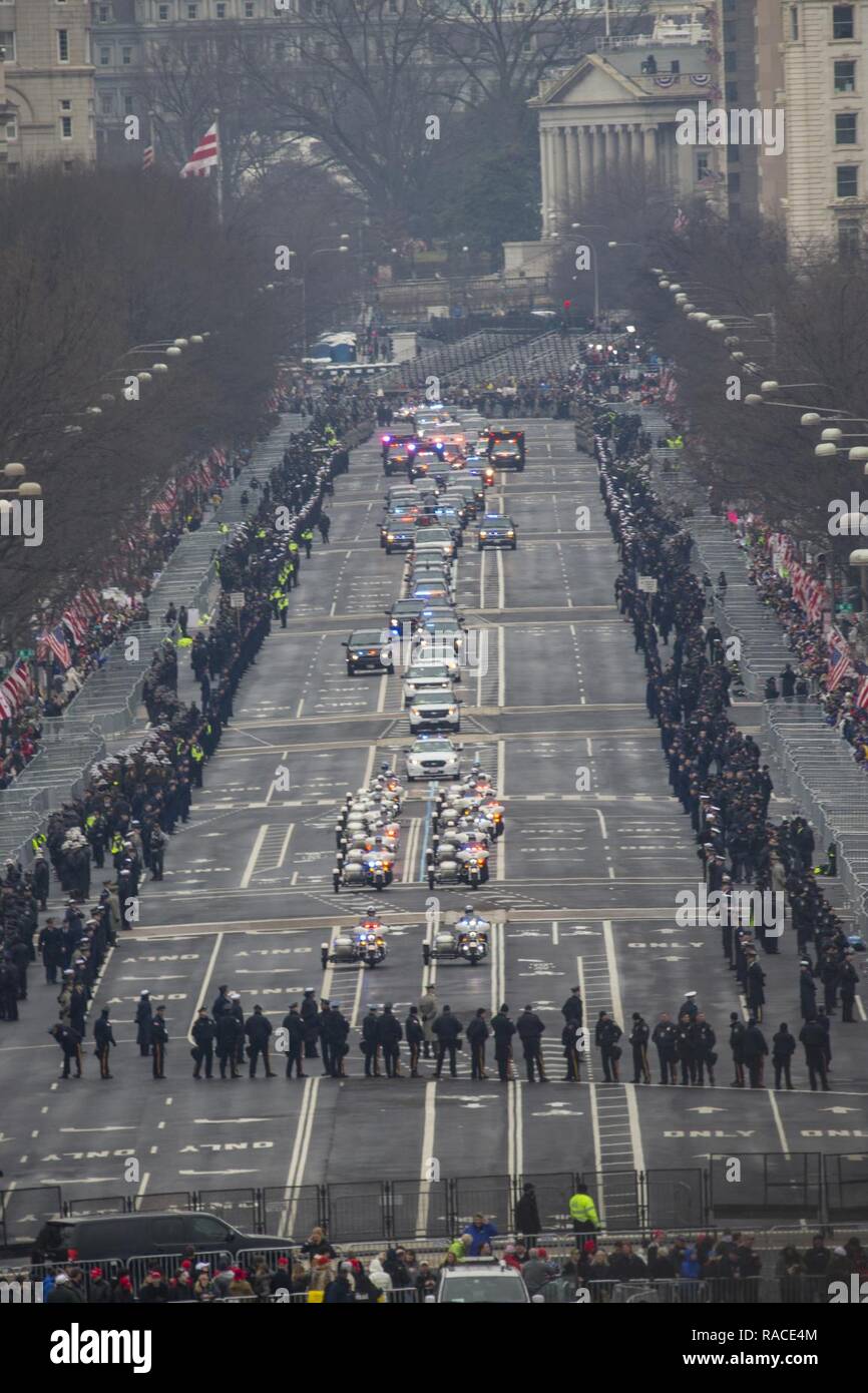 Secret Service and police officers escort President Donald J. Trump and his  family down Pennsylvania Ave during the 58th Presidential Inauguration at  the U.S. Capitol Building, Washington, D.C., Jan. 20, 2017. More