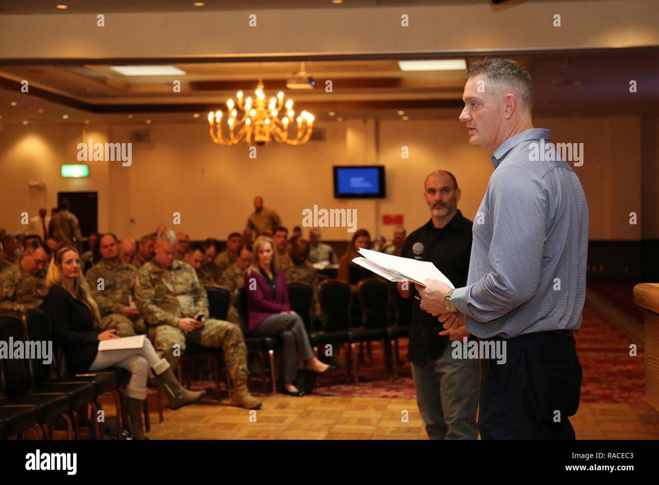 Phil Randazzo, founder and CEO of American Dream U, gives Soldiers and Family Members advice on how they can successfully prepare to transit out into another career during the Veteran Transition Conference 2017 hosted by the Camp Zama's Transition Service Center Jan. 18 at the Camp Zama Community Club. Stock Photo