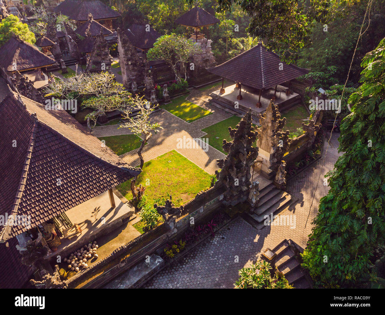 Aerial shot of the Pura Gunung Lebah temple in Ubud on the Bali island Stock Photo