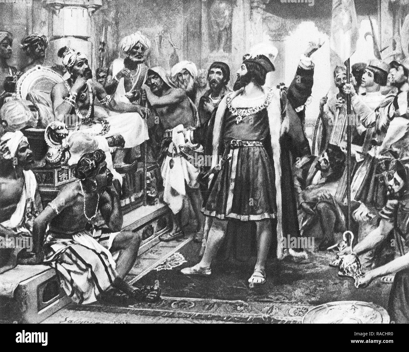 Vasco da Gama meets the Zamorin of Calicut in India during his round the world trip in 1497. Stock Photo