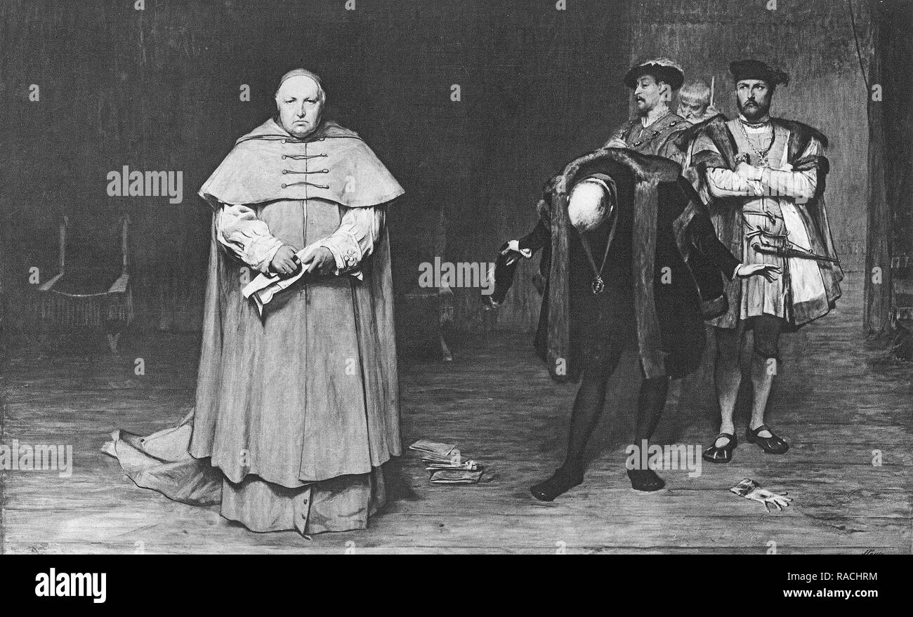 Cardinal Wolsey is called back to London to face charges of treason under Henry VIII. Wolsey died in 1530 before the charges could be tried. Stock Photo