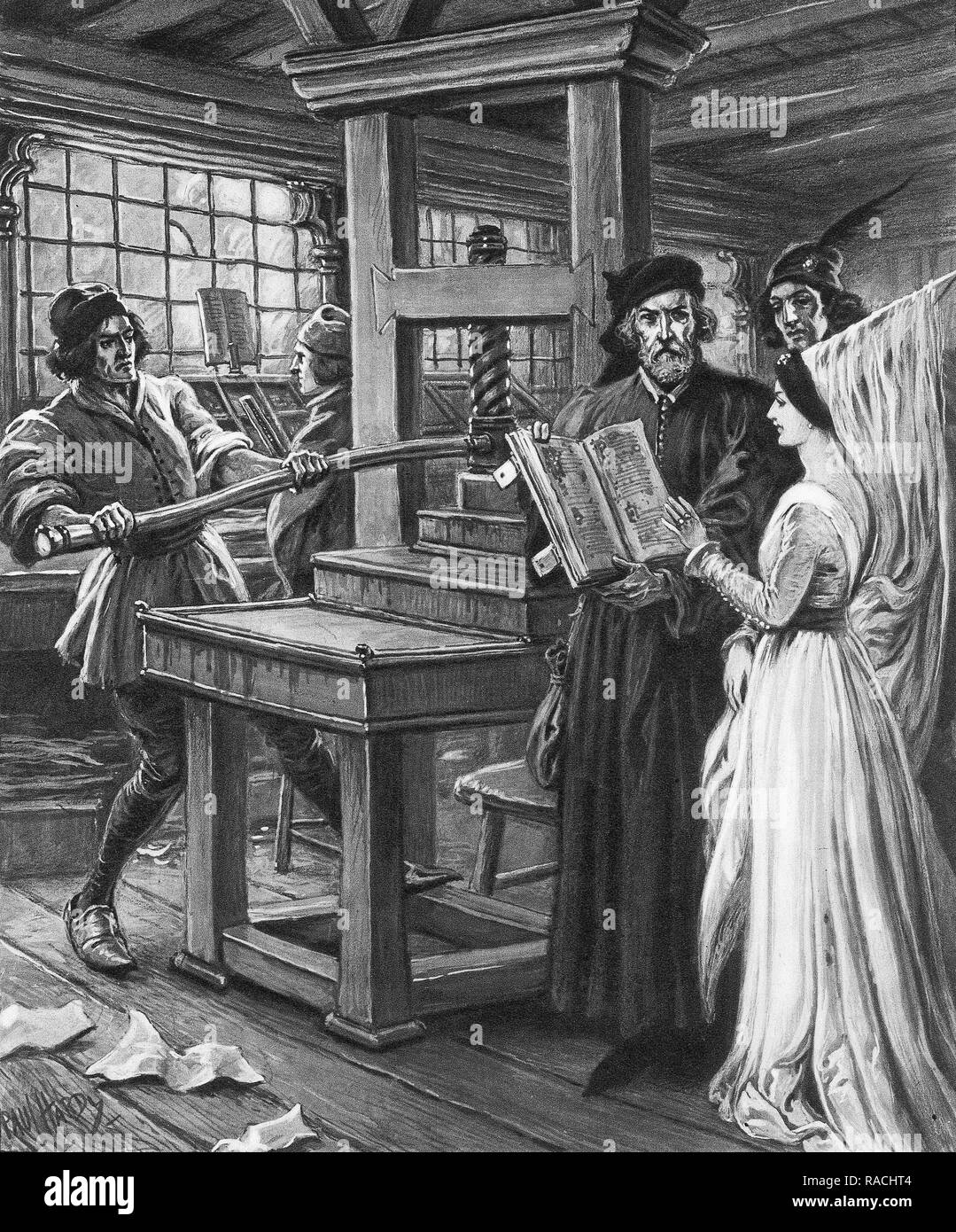 William Caxton at work on England's first printing press. Stock Photo