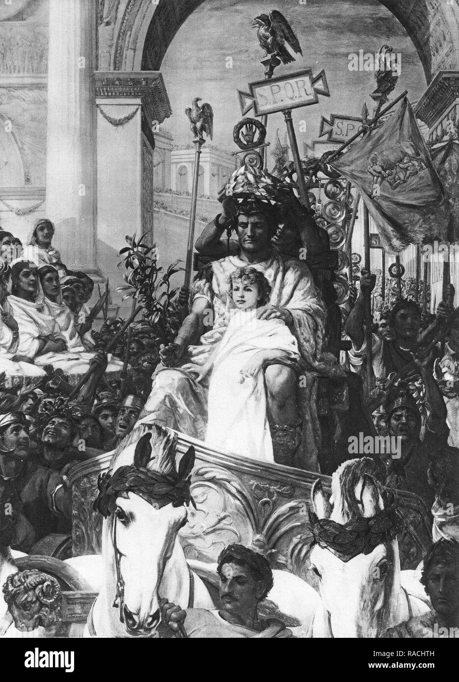 A boys rides with Caesar during a Roman Triumph Stock Photo