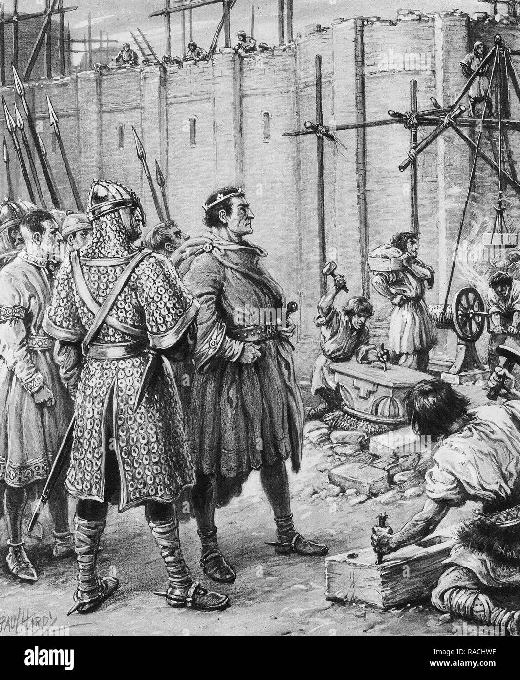 William the Conqueror oversights construction of a tower in London in 1078 with walls 15 feet thick. From an original painting by Paul Hardy. Stock Photo