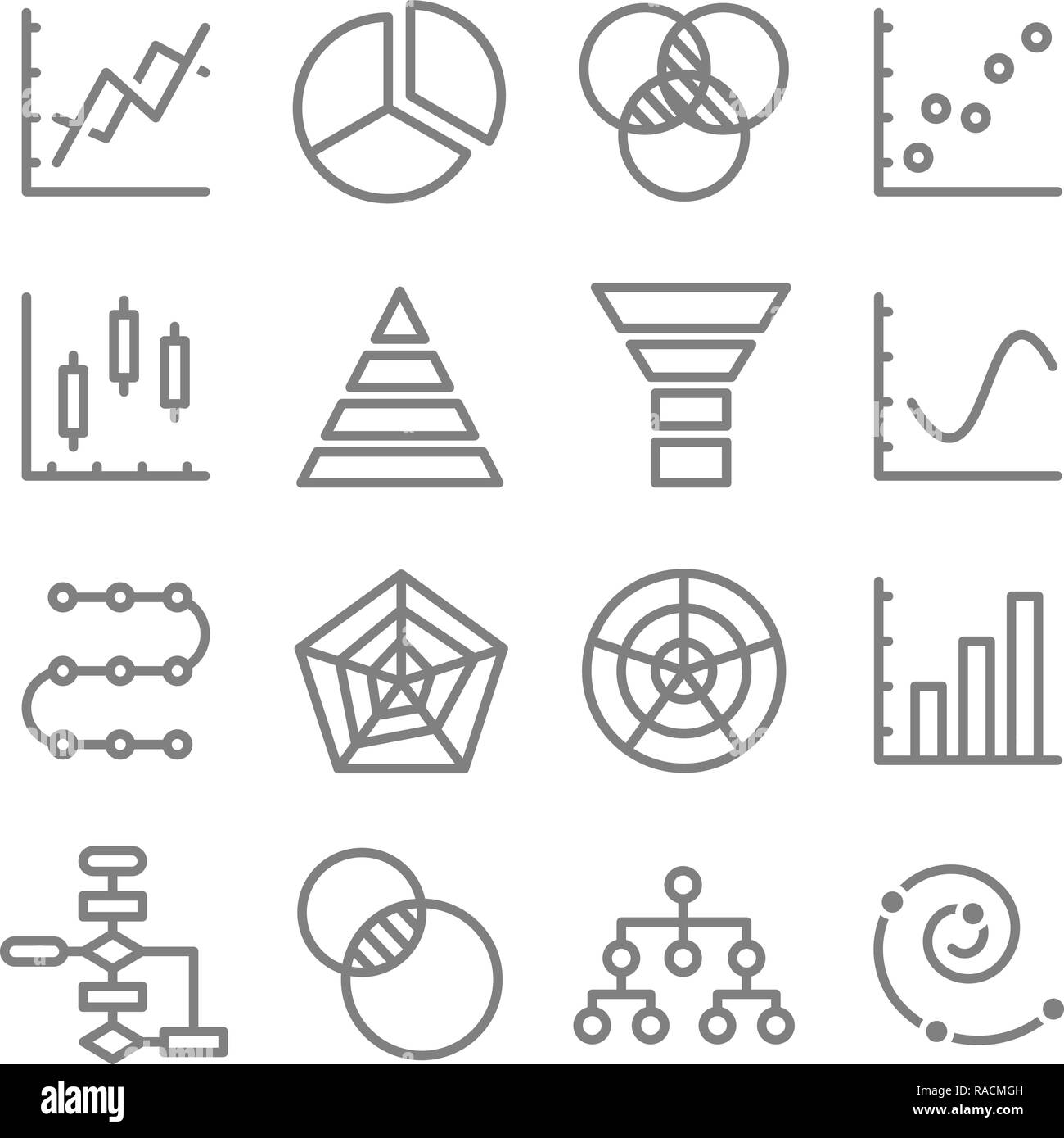 Charts and Diagrams Vector Line Icon Set. Contains such Icons as Venn Diagram, Dot Plot, Spiral Graph and more. Expanded Stroke Stock Vector