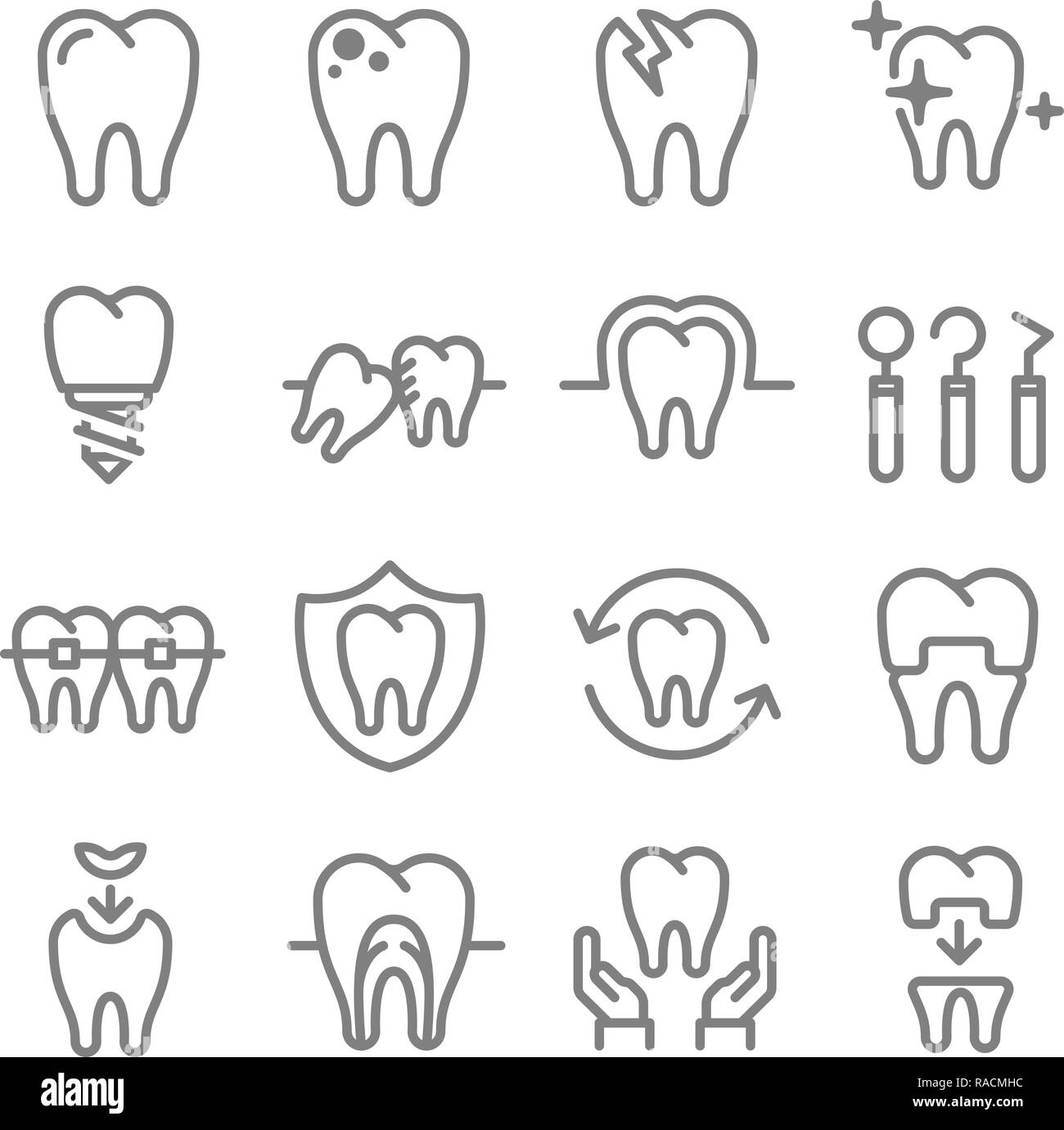 Dental Instrument Vector Line Icon Set. Contains such Icons as Tooth, Ingrown, Implant, Protect, Nerve, Orthodontic and more. Stock Vector