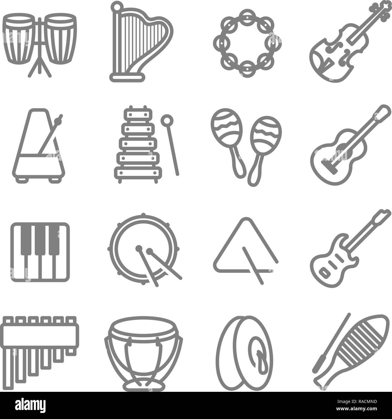 Music Instrument Vector Line Icon Set. Contains such Icons as Drum, Triangle, Guitar, Keyboard, Metronome, Tambourine and more. Stock Vector