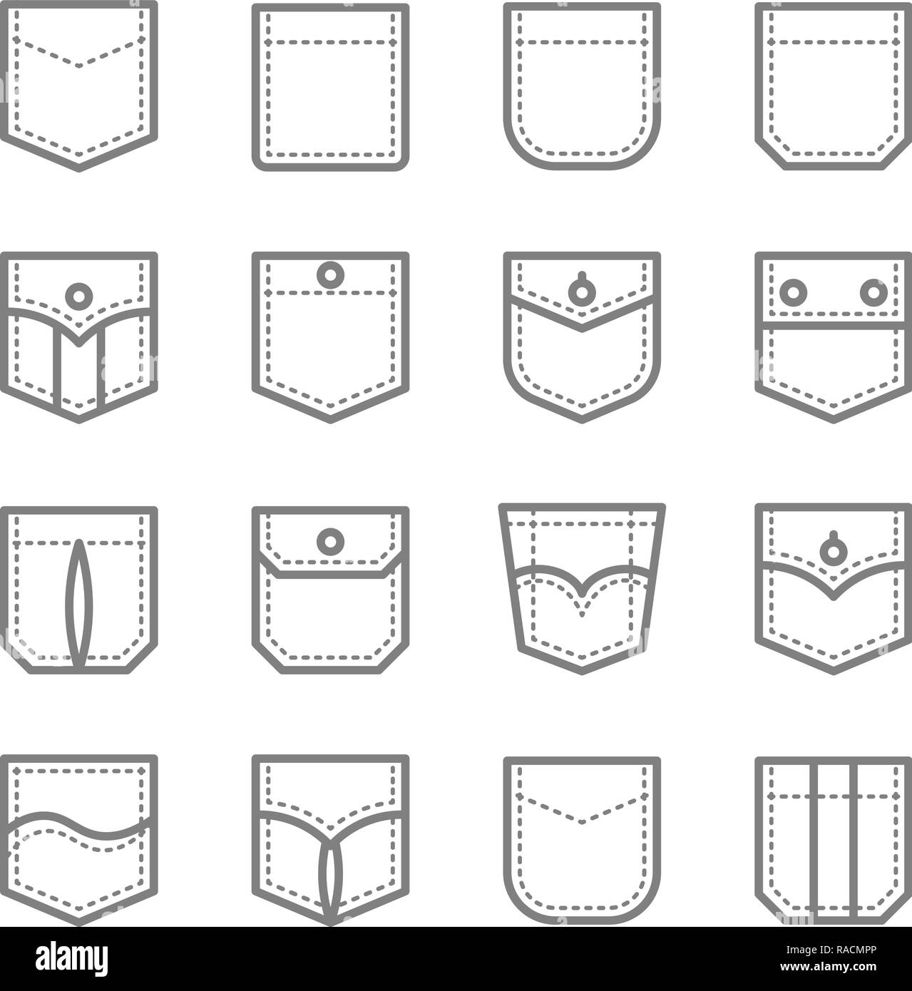 Types of pockets with flap denim ruffle Royalty Free Vector