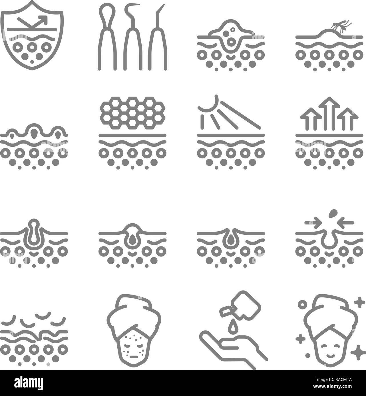 Skin Care Vector Line Icons. Contains such Icons as Acne, Dry Skin, Treatment, Pimple, Equipment and more. Expanded Stroke. Stock Vector