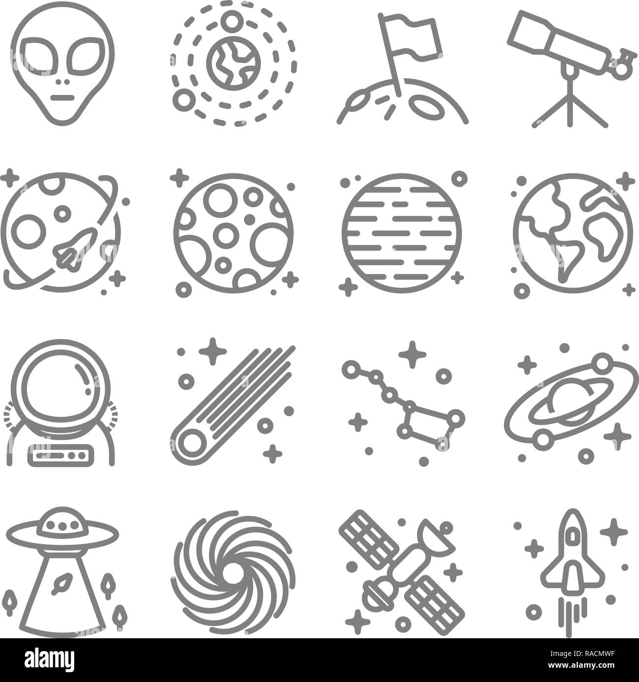 Space vector line icon set. Including Alien, Galaxy, Spaceship ...