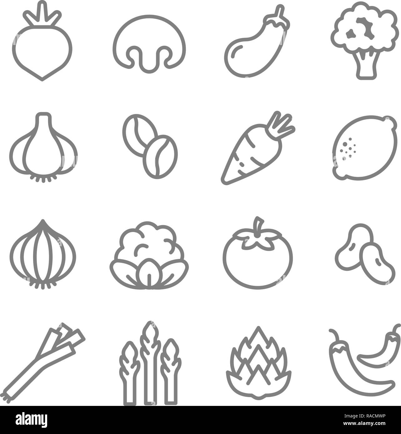 Vegetable ingredients line icon vector set. Including Carrot, Tomato, Chilies, Asparagus, Artichokes, Onion, Radish and more Stock Vector