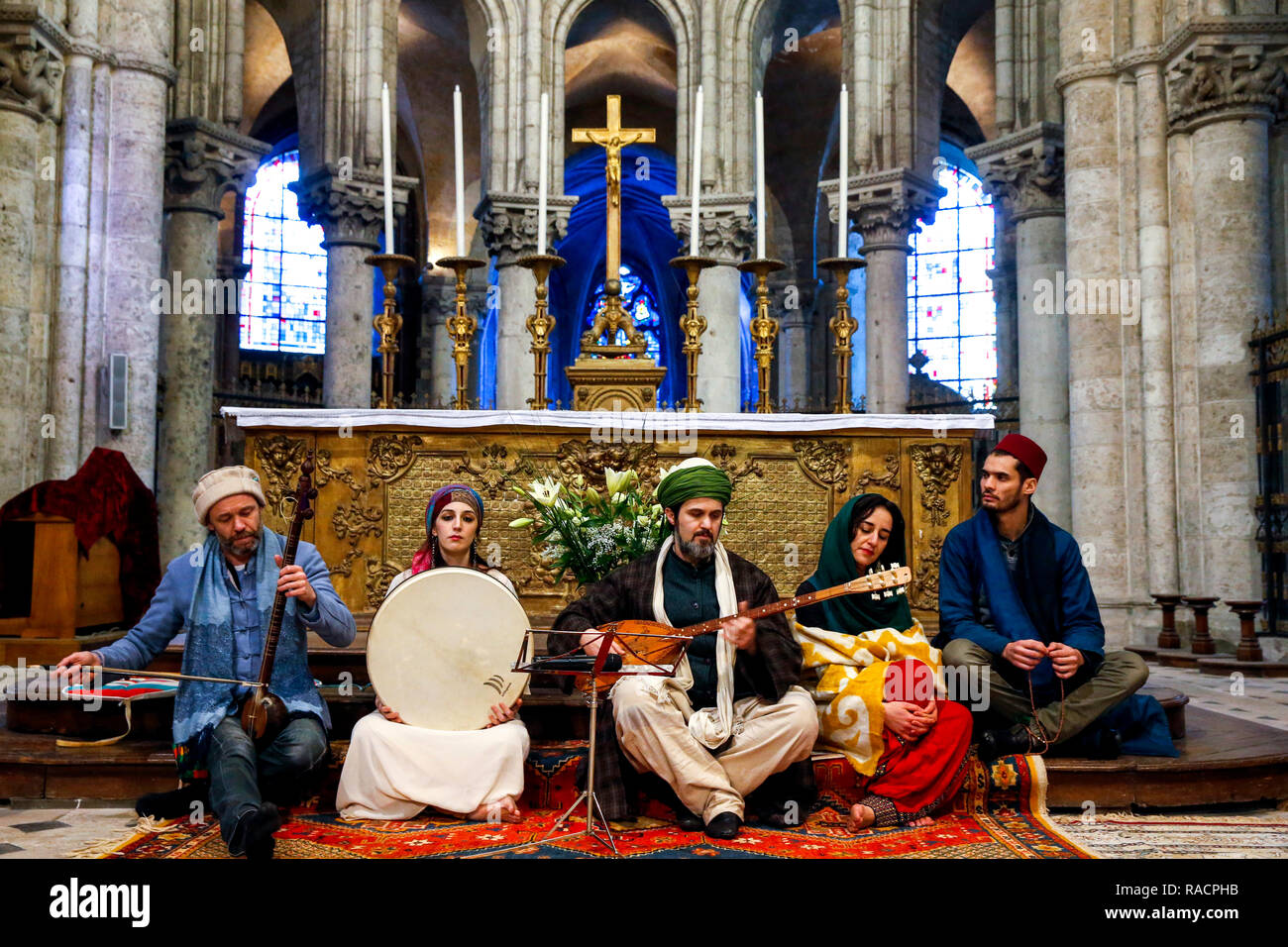 Sufi music band at Sufi Muslim wedding in St. Nicolas's Catholic church, Blois, Loir-et-Cher, France, Europe Stock Photo