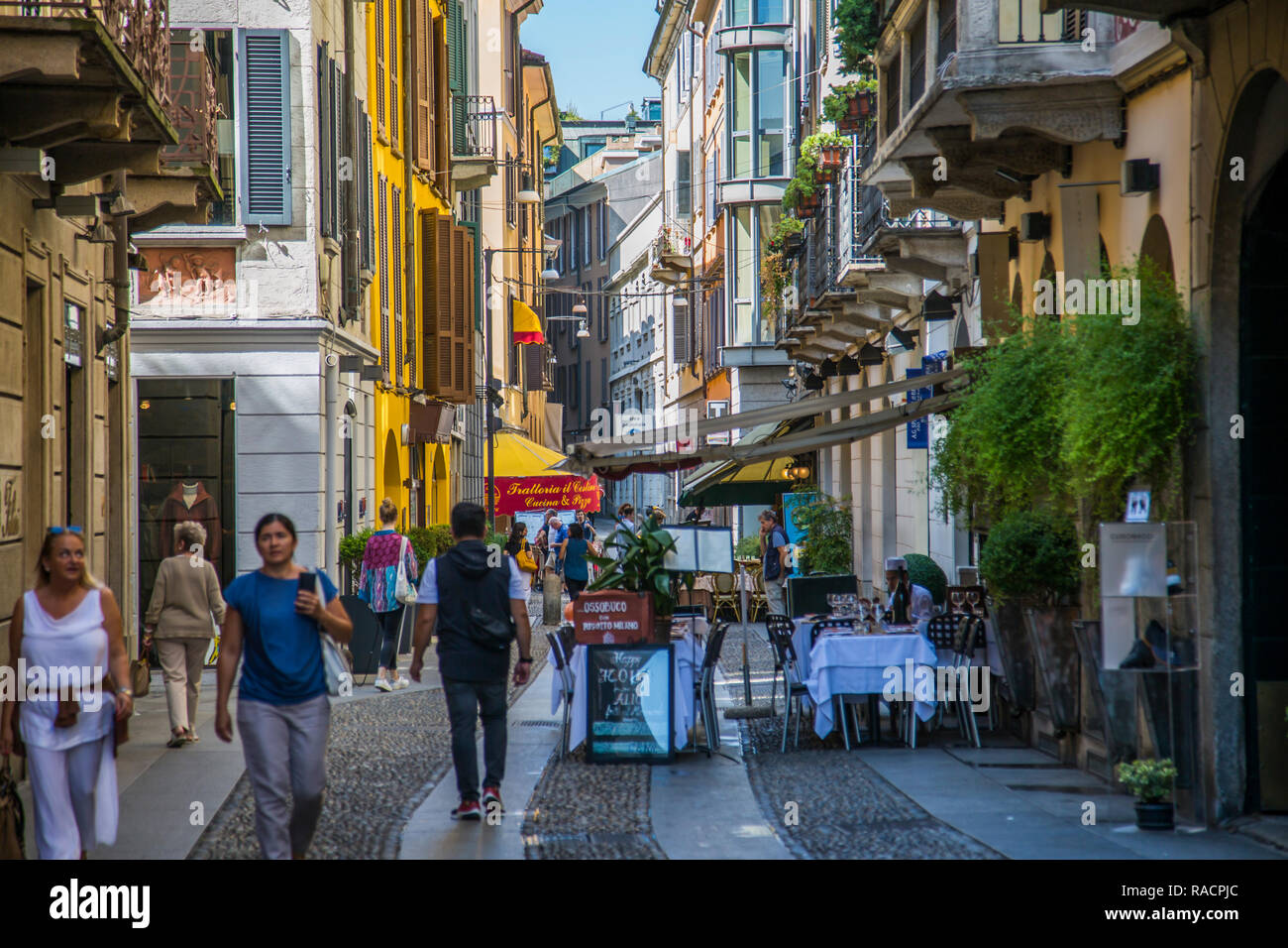 Restaurants and bars and colourful architecture on Via Fiori Chiari in Brera District, Milan, Lombardy, Italy, Europe Stock Photo