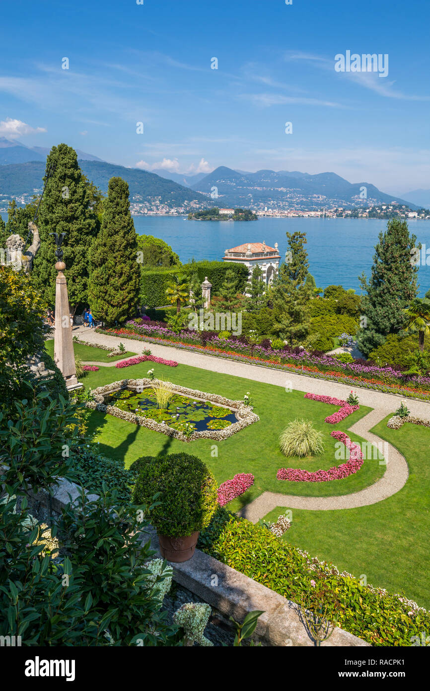 View of lily pond from Floral Fountains, Isola Bella, Borromean Islands, Lake Maggiore, Piedmont, Italian Lakes, Italy, Europe Stock Photo